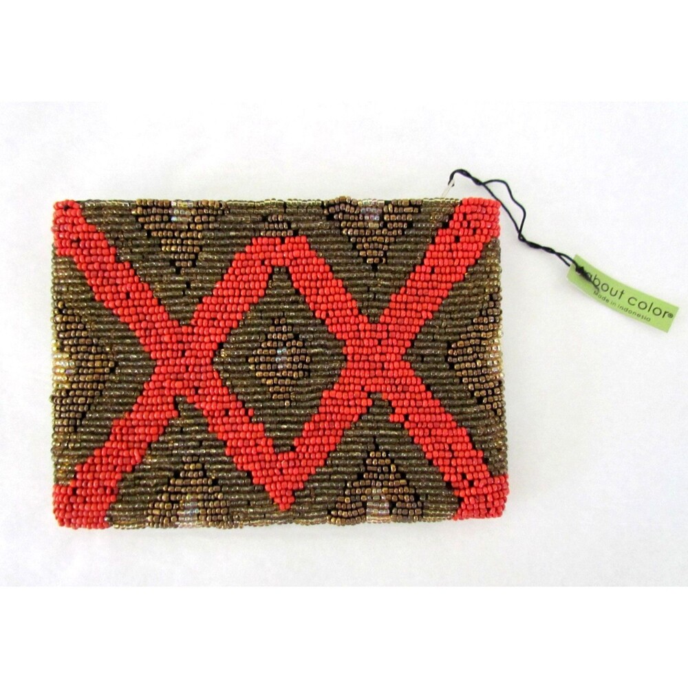 NEW Beaded Pouch Zipper Wallet Clutch Chevron Brown Cherry Red 5.5 x 4
